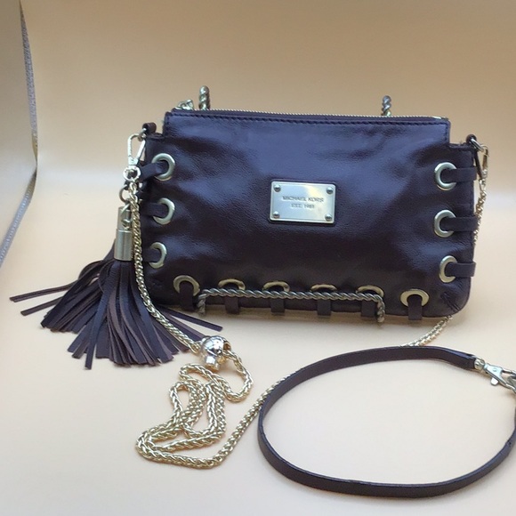 MICHAEL KORS DARK EXPRESSO BROWN  SOFT LEATHER CLUTCH WITH 2 TASSEL WEAVE BOTTOM - Picture 14 of 14